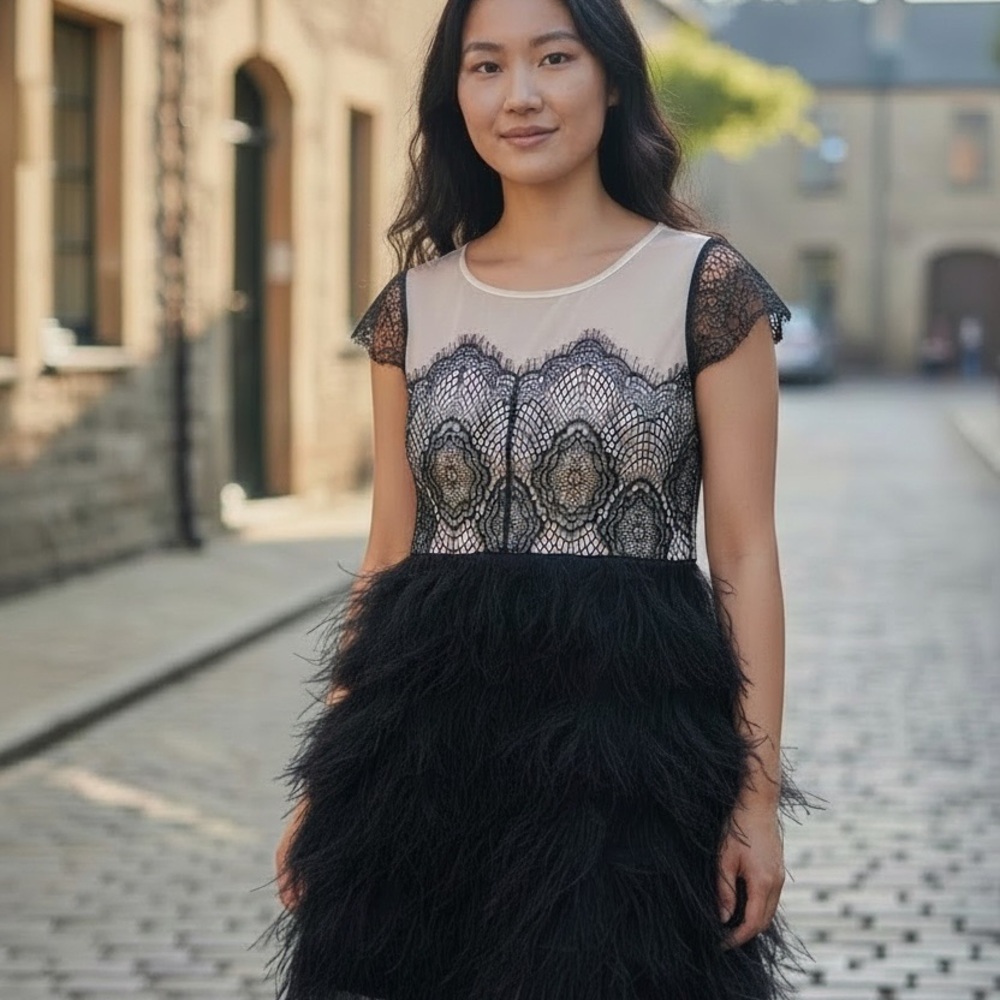 Sugarlips Black and Nude Lace Feather Midi Dress